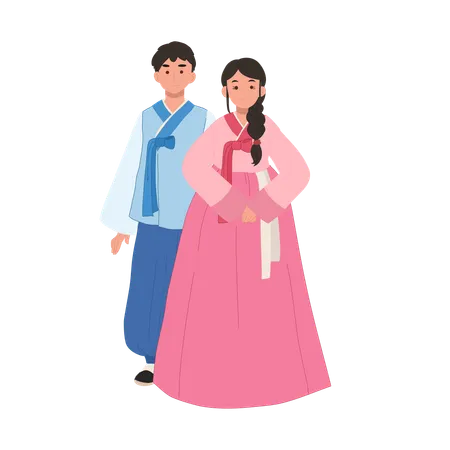 Smiling Couple In Modern Hanbok For Festive Occasion Man And Woman Smiling In Korean Suit For Holiday Or Event Illustration
