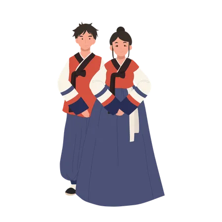 Smiling couple in modern hanbok for festive occasion  Illustration