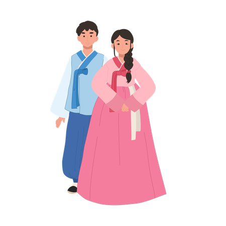 Smiling couple in modern hanbok for festive occasion  Illustration