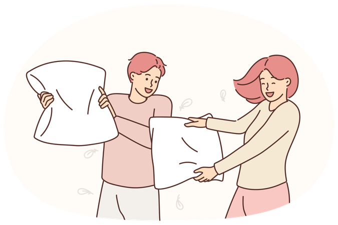 Smiling couple involved in pillow fight  Illustration