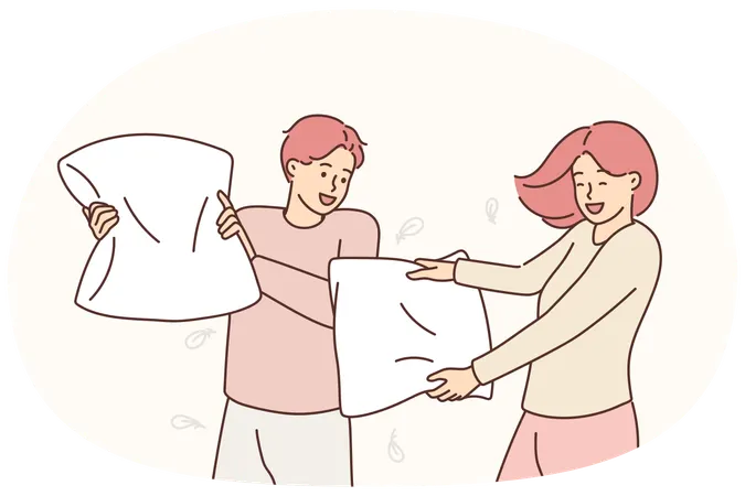 Smiling couple involved in pillow fight  Illustration