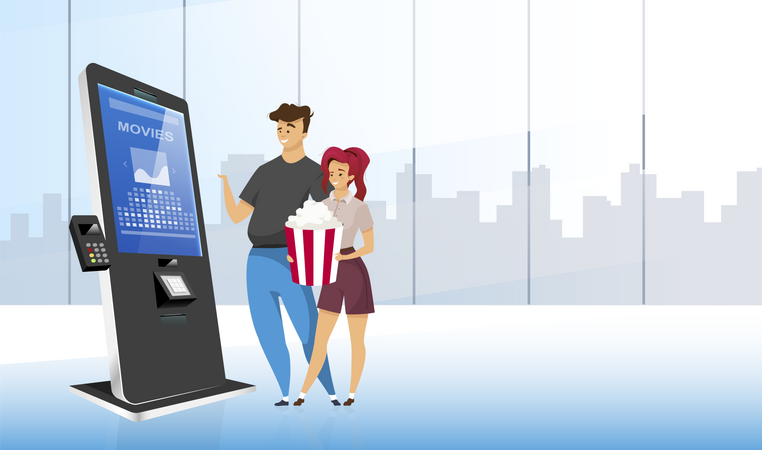 Smiling couple near ticket kiosk  Illustration