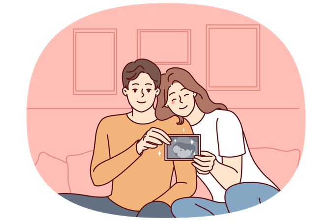 Smiling couple showing baby ultrasound  Illustration
