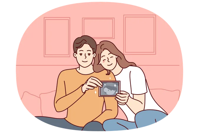 Smiling couple showing baby ultrasound  Illustration