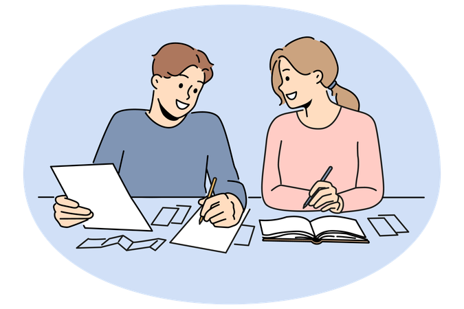 Smiling couple sit at desk managing finances  Illustration