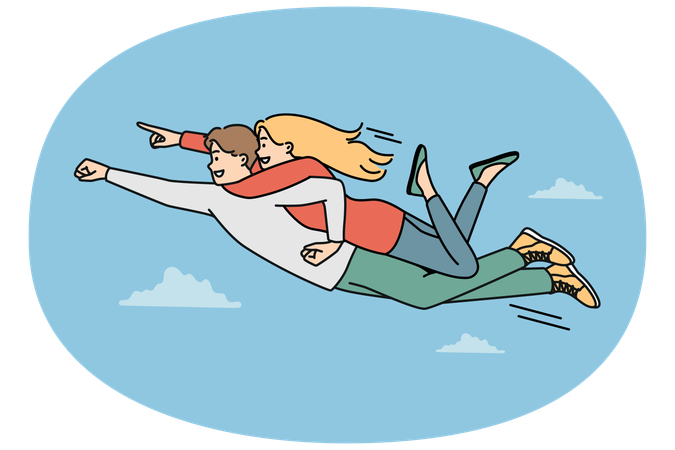Smiling courageous man as superhero with woman on back flying in air  Illustration