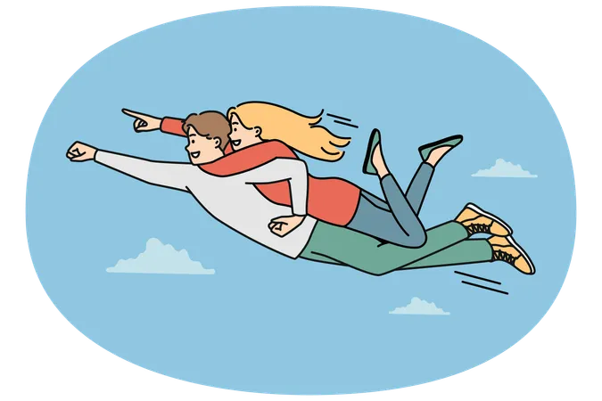 Smiling courageous man as superhero with woman on back flying in air  Illustration