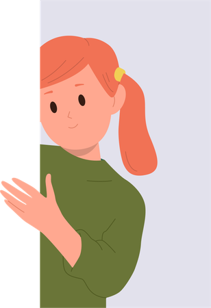 Smiling curious girl child peeking out staring eyes watching with interest  Illustration