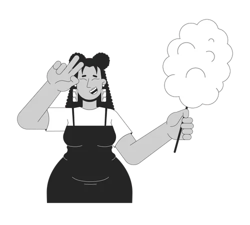 Curvy Latina Woman With Candy Floss Black And White 2 D Line Cartoon Character Latin American Obese Female Showing V Sign Isolated Vector Outline Person Lifestyle Monochromatic Flat Spot Illustration Illustration