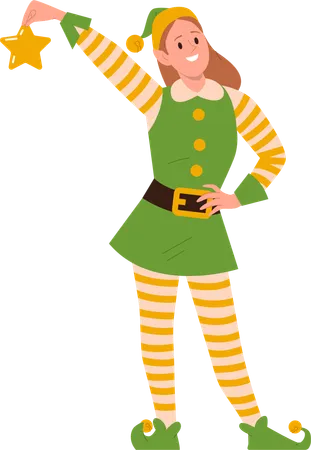 Smiling Cute Girl Cartoon Character Wearing Elf Costume Holding Gold Christmas Star Inviting To Celebrate Traditional Winter Holiday Vector Illustration Isolated Pretty Female Santa Claus Helper Illustration