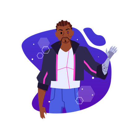 Smiling cyberpunk man with artificial eye and hand  Illustration