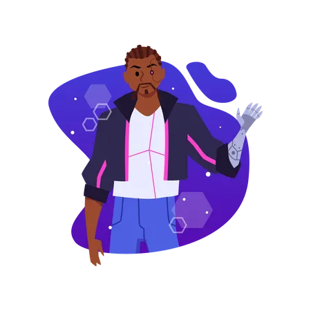 Smiling cyberpunk man with artificial eye and hand  Illustration