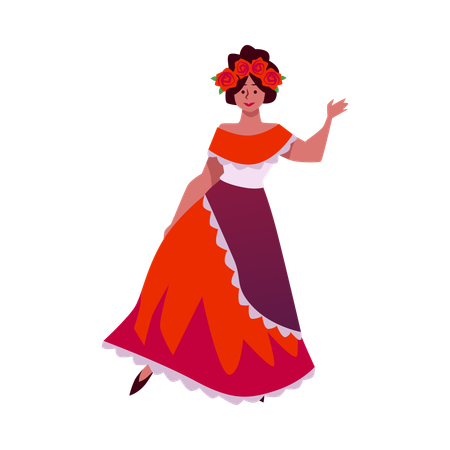 Smiling dancing Mexican woman in red dress and with wreath of roses on head  Illustration