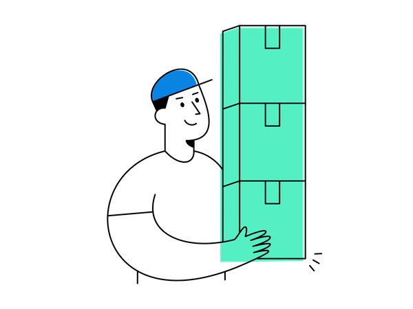 Smiling delivery worker in cap carrying bulk product with three large green boxes  Illustration