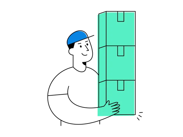 Smiling delivery worker in cap carrying bulk product with three large green boxes  Illustration