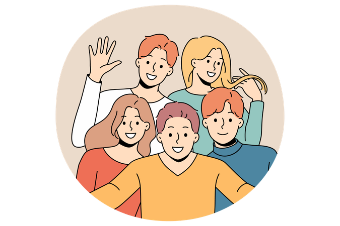 Smiling diverse friends posing for picture together.  Illustration