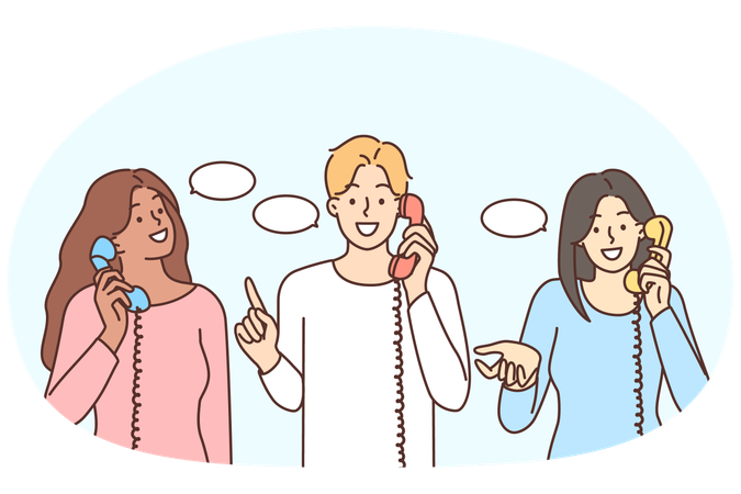 Smiling diverse people talk on landline phones  Illustration