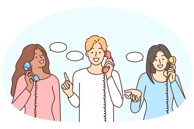 Smiling diverse people talk on landline phones  Illustration