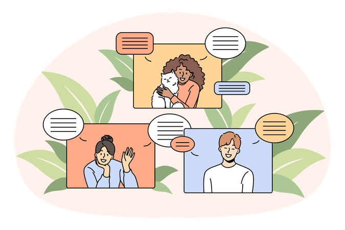 ロックダウン中にデバイスを使ってビデオ通話で会話する笑顔の多様な人々  イラスト