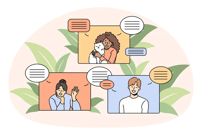 ロックダウン中にデバイスを使ってビデオ通話で会話する笑顔の多様な人々  イラスト