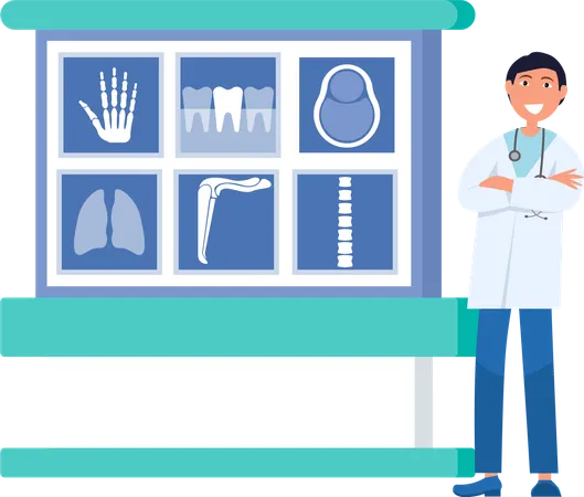 Smiling doctor in uniform standing near x-ray board  Illustration