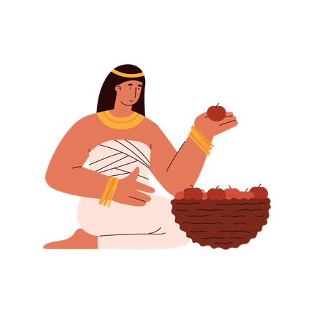 Smiling egyptian woman collecting apples in wicker basket  Illustration