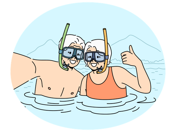 Smiling elderly couple in snorkeling masks showing thumbs up  Illustration
