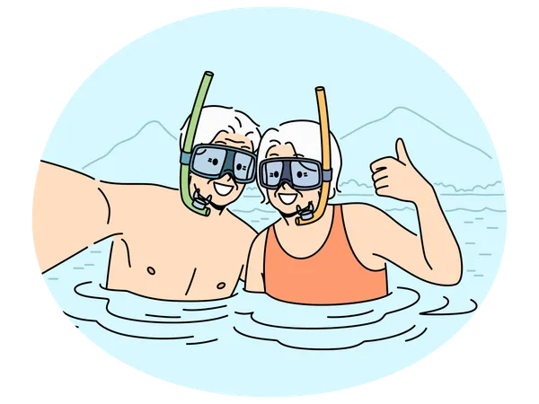 Smiling elderly couple in snorkeling masks showing thumbs up  Illustration