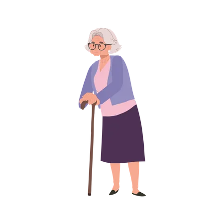 Smiling Elderly Lady With Cane Stick Elderly Smiling Woman Grandmother Lifestyle Flat Vector Cartoon Illustration Illustration