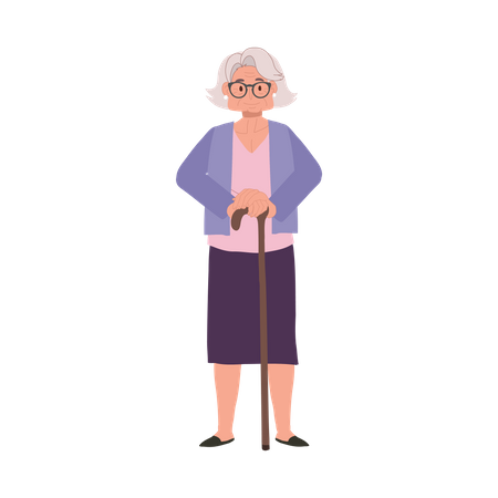 Smiling Elderly Lady with Cane stick  Illustration