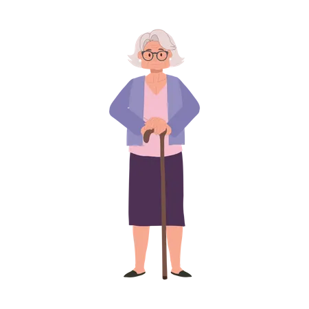 Smiling Elderly Lady With Cane Stick Elderly Smiling Woman Grandmother Lifestyle Flat Vector Cartoon Illustration Illustration