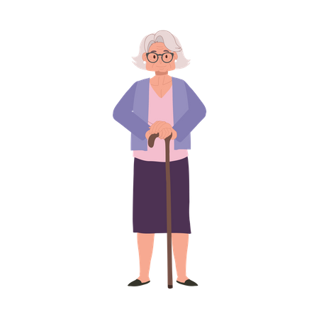 Smiling Elderly Lady with Cane stick  Illustration