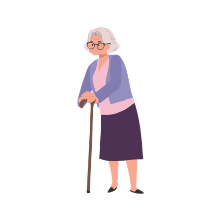 Smiling Elderly Lady with Cane stick  Illustration