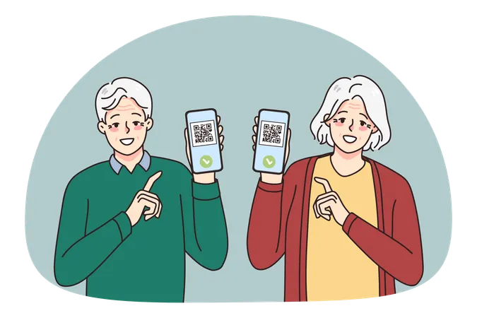 Smiling elderly man and woman show vaccination certificate on phone  Illustration