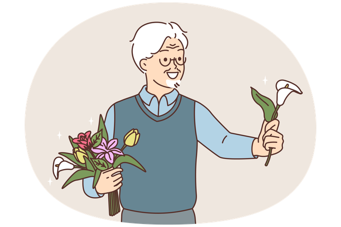Smiling elderly man greeting with flower  Illustration