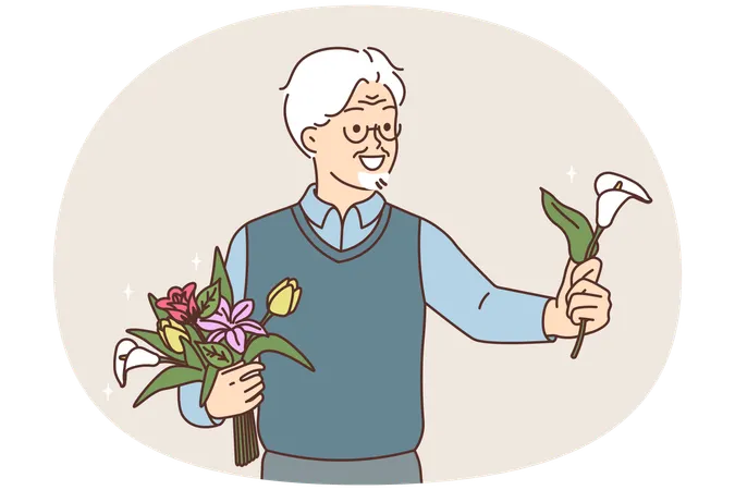 Smiling elderly man greeting with flower  Illustration