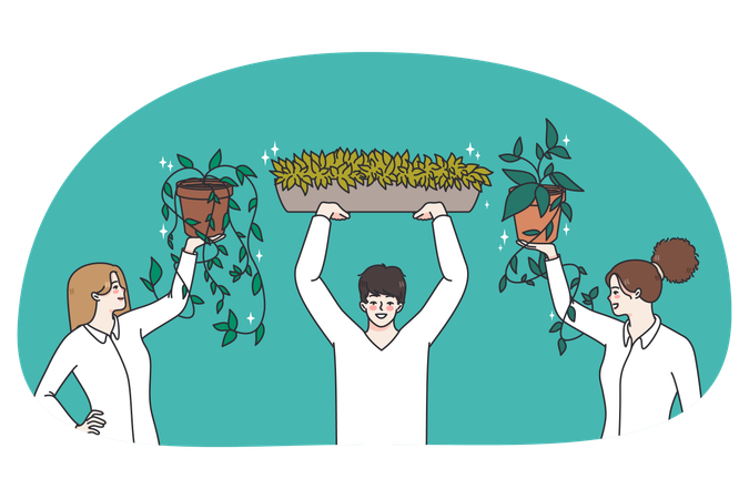 Smiling employee decorate office with green plants  Illustration