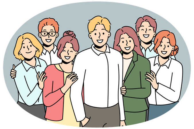 Smiling employees posing with male boss  Illustration