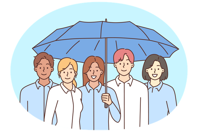 Smiling employees stand together under umbrella  Illustration