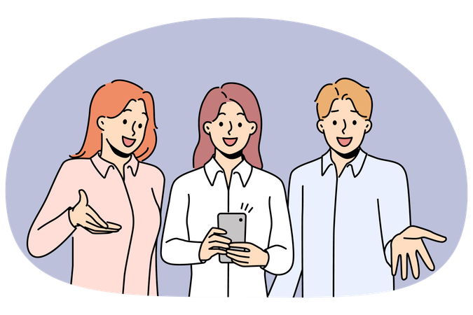 Smiling employees talk on webcam on cellphone  Illustration