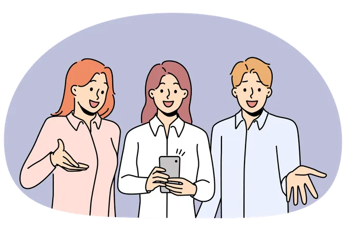 Smiling employees talk on webcam on cellphone  Illustration