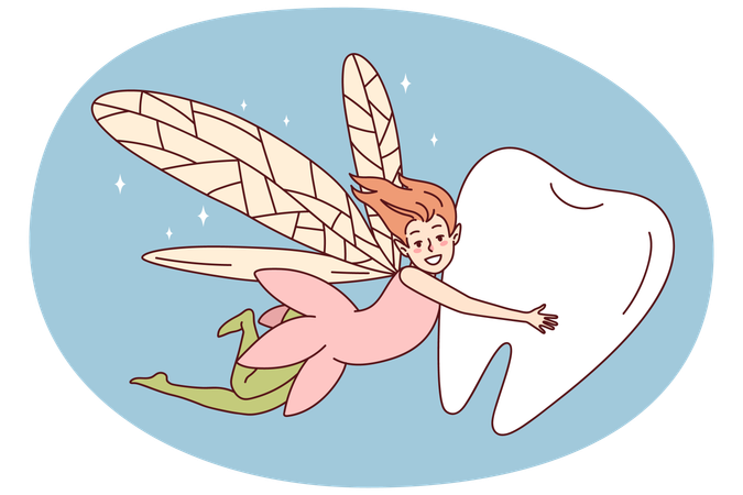 Smiling fairy flying with tooth  Illustration
