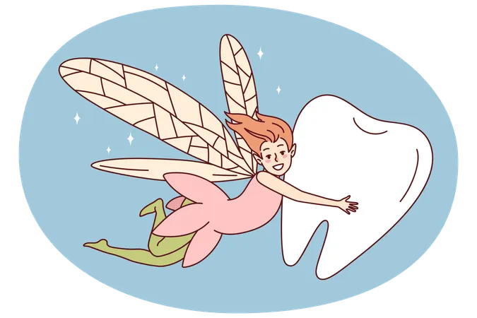 Smiling fairy flying with tooth  Illustration