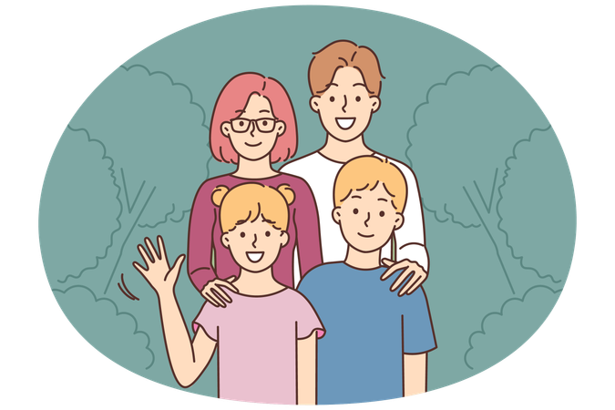 公園で子供たちと笑顔の家族  イラスト