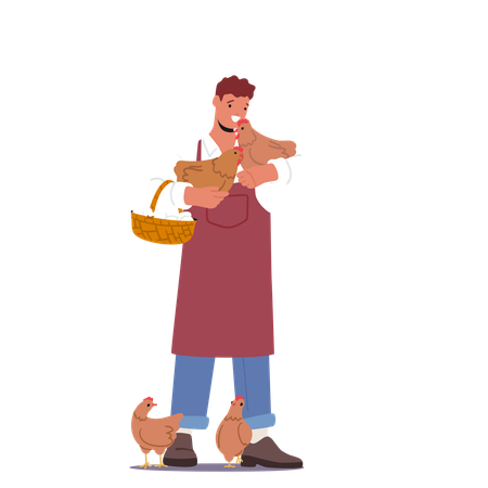 Smiling Farmer In Apron Holds Chicken Affectionately Surrounded By Other Hens  Illustration