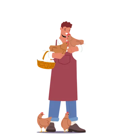 Smiling Farmer In Apron Holds Chicken Affectionately Surrounded By Other Hens  Illustration