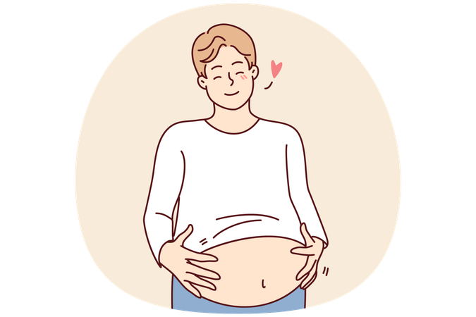 Smiling fat man touching big belly  Illustration