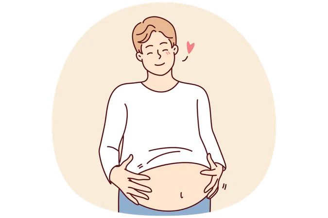Smiling fat man touching big belly  Illustration