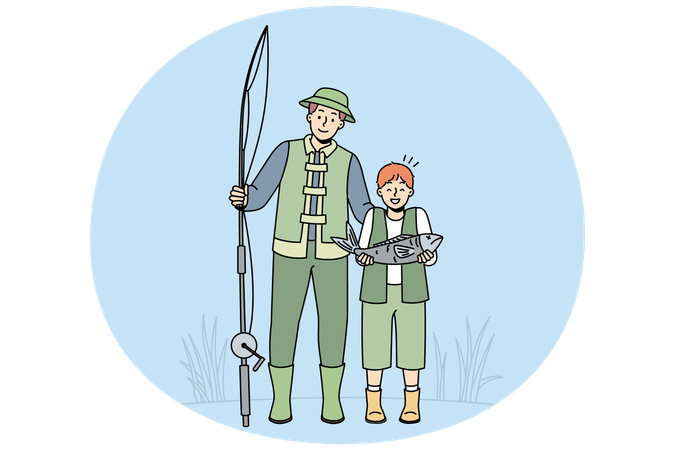 Smiling father and son excited with fish catch  Illustration