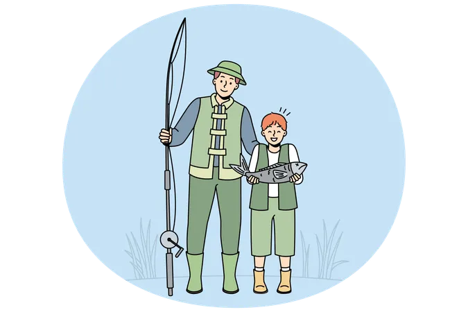 Smiling father and son excited with fish catch  Illustration